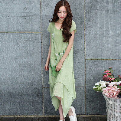 

Sibai homes 2017 Chinese wind summer big size women&39s dress fashion loose loose short-sleeved long skirt S62Q0023A4XL green XL