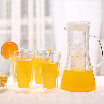 

【Jingdong Supermarket】 Handmade House 1800ml Ice Water Bottle Cold Kettle Glass Pot Fruit Juice Pot Tea Pot Cooler Kettle Ice Drum Kit 4 cup 1 pot gift ice core tea cup ice box