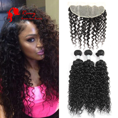 

CZ Hair Brazilian Water Wave Human Hair Weave With Lace Frontal 13x4 inch Free Part Natural Hair Bundles With Frontal