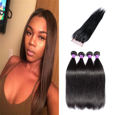 

8A Peruvian Virgin Hair With Closure Straight Human Hair Bundles With Lace Closures Peruvian Straight Virgin Hair With Closure