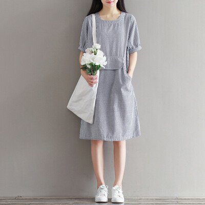 

CITYPLUS Sen female art retro cotton&linen casual loose U-shaped striped short-sleeved dress CWQZ172257 stripes