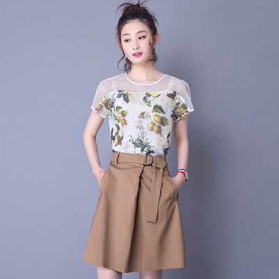 

JIANZHI 2017 Summer New Women's Fashion Print Slim Shiffon Shirt T-Shirt Женская юбка с коротким рукавом Юбка платье 17X1522 Camel L