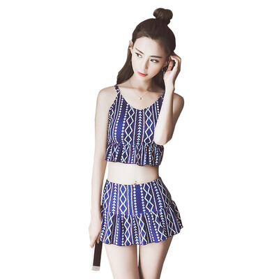 

Misan 2017 summer new split small chest gather conservative shelter was thin fresh sexy high waist skirt style swimsuit 7048 blue