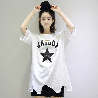 

City plus CITYPLUS art casual irregular hem in the long paragraph five-pointed star print T-shirt female CWTD173452 white