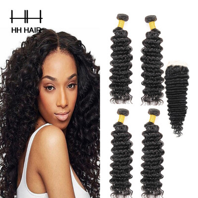 

HHHair Cambodian Virgin Hair With Closure Cambodian Deep Wave 4 Bundles With 1pc 4x4 inch Lace Closure Human Hair Weave