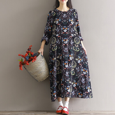 

CITYPLUS Arts and Sena Women's Retro Round Collar Flower Print Chiffon Loose Large Length One Long Dress CWQZ172457 Color M