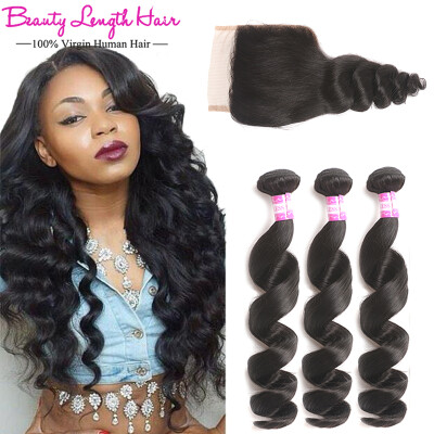 

Brazilian Virgin Hair Loose Wave With Closure Beauty Length Hair Virgin Brazilian Loose Curly Hair Weave 3 Bundles With Closure