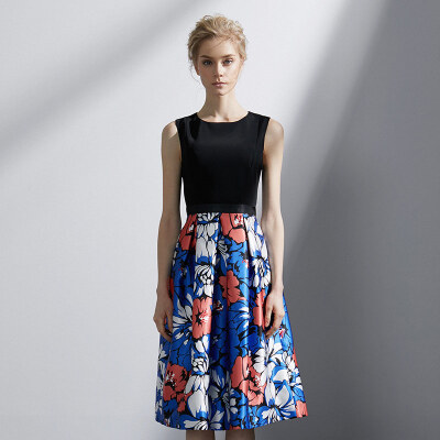 

Marc Rebecca elegant print stitching sleeveless S-shaped dress 72006E black printing S code