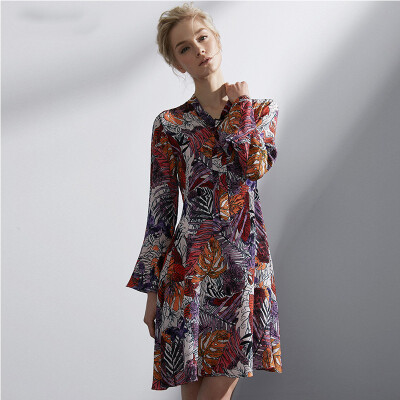 

Marc Rebecca Print Silk Trim Sleeve Silk One Piece 72003E Leaf Print S Code