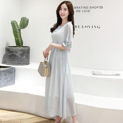 

Siberian woman 2017 summer round collar five sleeves chiffon long temperament dress S71R0156A1M light blue M