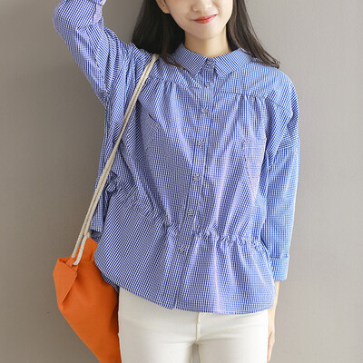 

CITYPLUS Sen female art Fan Xiaoqing new pleated waist wide lattice backing shirt CWCS172253 blue