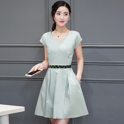 

2017 Summer Short Sleeve Dress Slim Waist Thin Sleeve V-neck Puff Skirt Female S72R0281A4S Green S
