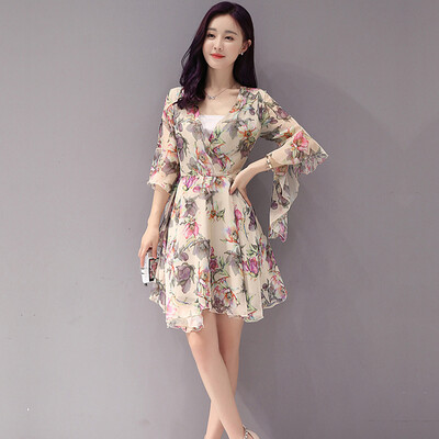

Long Yue women&39s V-neck chiffon print dress seven sleeves Slim waist floral skirt skirt skirt LWQZ174108 apricot M