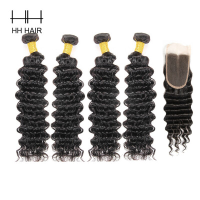 

HHHair Brazilian Virgin Hair With Closure Brazilian Deep Wave 4 Bundles With 1pc 4x4 inch Lace Closure Human Hair Weave