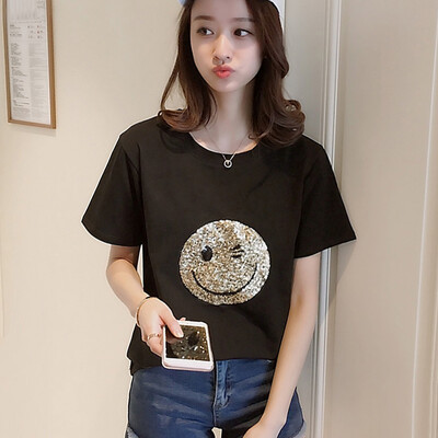 

VIVAHEART Smile Pattern T-Shirt Short Sleeve Women&39s Easy Korean T-Shirt VWTD173441 Black