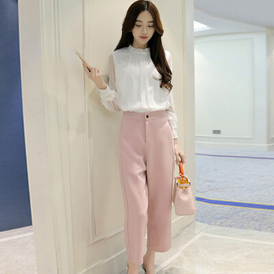 

Siberian woman 2017 autumn ladies solid color OL shirt pink nine points wide leg pants suit S71R0359A1182XL on the white powder XL