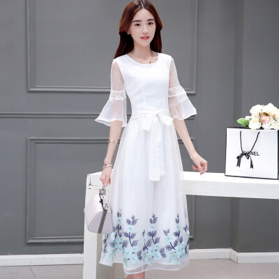 

A pond morning 2017 temperament sleeves sleeveless sleeves long section of the beach skirt simple print dress autumn S62A0407 white XL