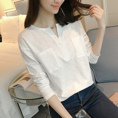 

VIVAHEART Korean Wild T-Shirt Female Student T-shirt Pocket Cotton Long Sleeve Shirt VWCC173438 White