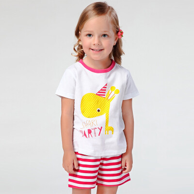 

Xin Song children's suits girls deer printing T-shirt shorts suit white + rose red stripes B148A80