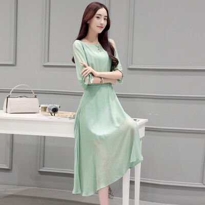 

Siba homes 2017 new summer dress chiffon word collar five points sleeves pure color fresh high waist long skirt S62A0807A4S green