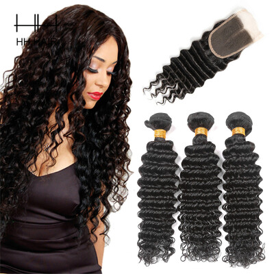 

HHHair Cambodian Virgin Hair With Closure Cambodian Deep Wave With Closure 3 Bundles Human Hair Weave Cambodian Deep Wave With 1pc