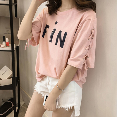 

Long Yue Women&39s Letter Print Short Sleeve T-Shirt Banded Casual Round Shirt Sleeve LWTD174103 Pink