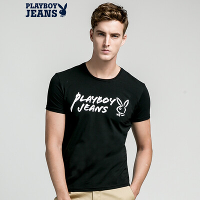

Playboy PLAYBOYJEANS Мужская футболка с коротким рукавом с круглой шеей Печать Чистый цвет Тонкая эластичность с половиной рукава Простая буква Хлопок Топ европейского и американского ветра Лето 71102004 Черный 2XL