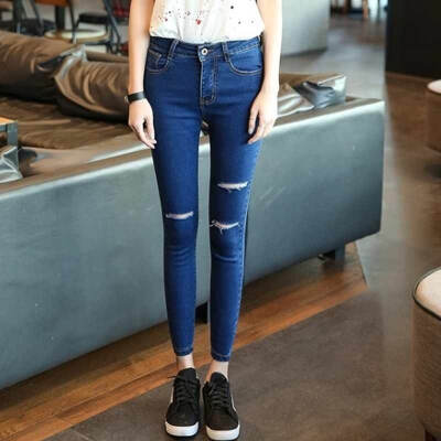 

Fubian cents FUBIXIAN Korean version of high waist fashion casual hole feet nine points jeans K4225 blue 29