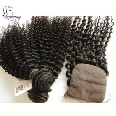 

Charming Hair Brazilian Kinky Curly Hair Bundles With Closure Virgin Human Hair Bundle With Lace closure Piece