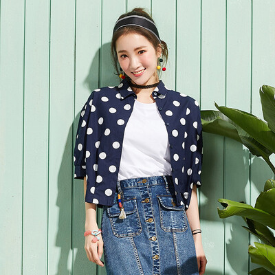 

Semir short-sleeved shirt loose short section of the waist of Hong Kong taste retro wave point shirt 13216040215 blue&white tone