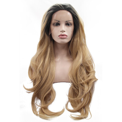

Anogol Ombre Blonde Peruca Laco Sintetico Heat Resistant Dark Roots Natural Wigs Long Wavy Synthetic Lace Front Wig