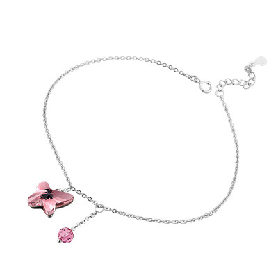 

T400 with Swarovski Crystal Anklet female S925 silver jewelry Japanese and Korean version of the Butterfly Kiss light rose red girlfriend Valentine's Day birthday gift