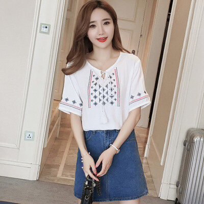 

Long Yue Women&39s Arts loose T-shirt embroidered short-sleeved linen shirt underwear LWTD174218 white M