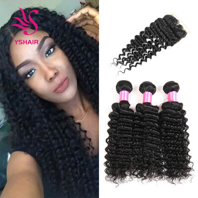 

Indian Deep Wave With Closure 3 bundles Human Hair Bundles 7A Indian Virgin Hair With Closure Indian Curly Hair With Closure