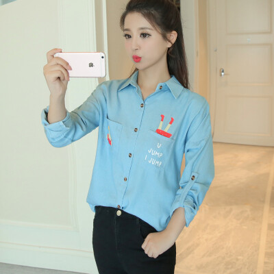 

VIVAHEART Korean casual small fresh loose printed thin denim shirt tide coat women VWCC171232 light blue