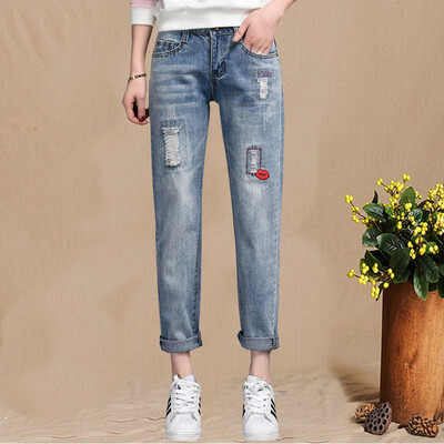 

VIVAHEART Cave Jeans Female Korean Stretch Embroidered 9 Minute Foot Harlan Pants Big Size Pants VWKN172244 Light Blue 27