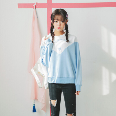 

Longyue Women Korean version of the wild loose clothing letters embroidery long-sleeved color T-shirt LWWY172417 light blue all code