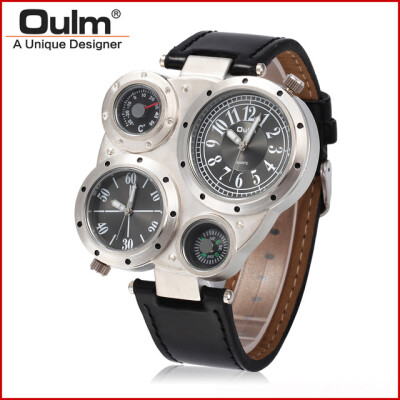 

2016 OULM 9415 Mens Dual Time Compass Watch Leather Band Big Face Casual Quartz Watches Montre Homme de Marque Boussole