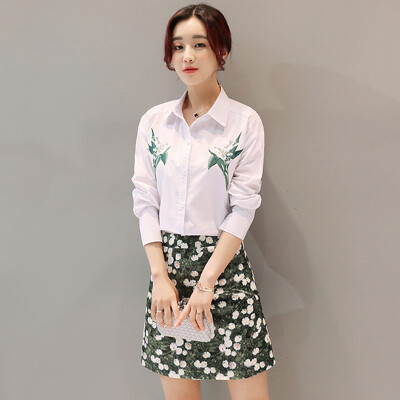 

Long Yue Women Korean Embroidered Dress Long Sleeve Shirt + A Word Skirt Set LWQZ172422 White M