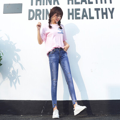 

VIVAHEART irregular cut cut trousers English embroidery nine points jeans female VWKN172437 blue 29