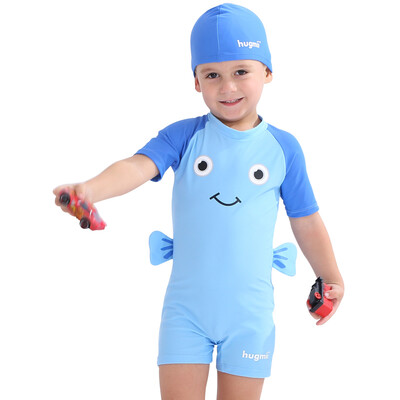 

hugmii children&39s conjoined swimsuit three-dimensional swimsuit swim cap baby child swimsuit blue small fish 11058 F17LTY231