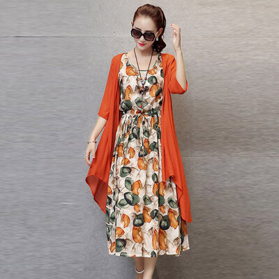 

Arthur Rattles Cotton Batt Cotton Two-piece Dress Temperament Long Sleeveless Print Vest Skirt Cardigan Set Skirt G8342 Orange