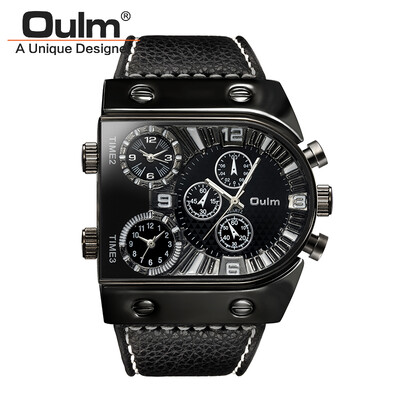 

OULM 9315 Original Fashion Designer Brand Quartz Watches Men 3 Time Zone Big Face Genuine Leather Watch Montre Homme de Marque