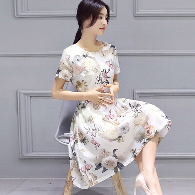 

A cup of morning women's dress 2017 summer skirt was thin large fashion short sleeve round neck long skirt S72R0351A7XL white XL
