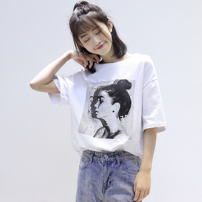 

City plus CITYPLUS Arts Fan wide loose thin round collar head character characters printing short sleeve T shirt CWTD175151 white M
