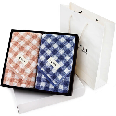 

Sanli cotton yarn-dyed Plaid towel hardcover gift box 2 soft padded absorbent towel 34 × 74cm deep blue coral gift bag