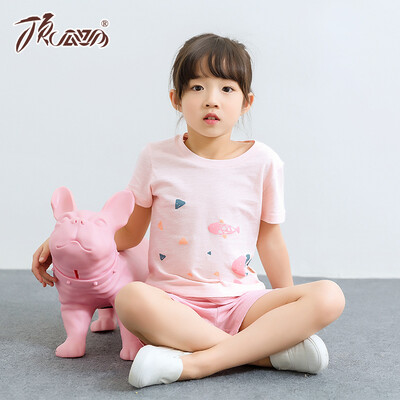 

Jingdong supermarket] top Guagua (dingguagua) children's pajamas girls home service summer bamboo wool round round collar sets of cotton short-sleeved shorts suit 86026 pink 90