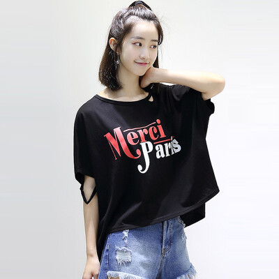 

City Plus CITYPLUS Arts Fan Cave Round Collar Colors Short Form Long Short Sleeve T-Shirt Female CWTD174475 Black