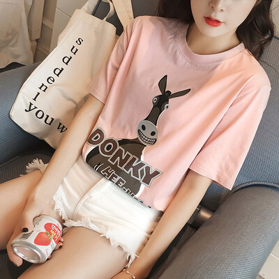 

Long Yue Women Korean loose cartoon print short sleeve T-shirt fashion wild letter half sleeve primer shirt LWTD172205 pink L
