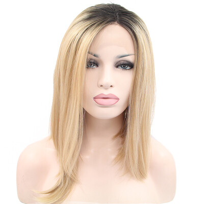 

Anogol 2 тонов Blonde Ombre Темные корни Short Bob прямые жаропрочные парики синтетический кружевной передний парик
